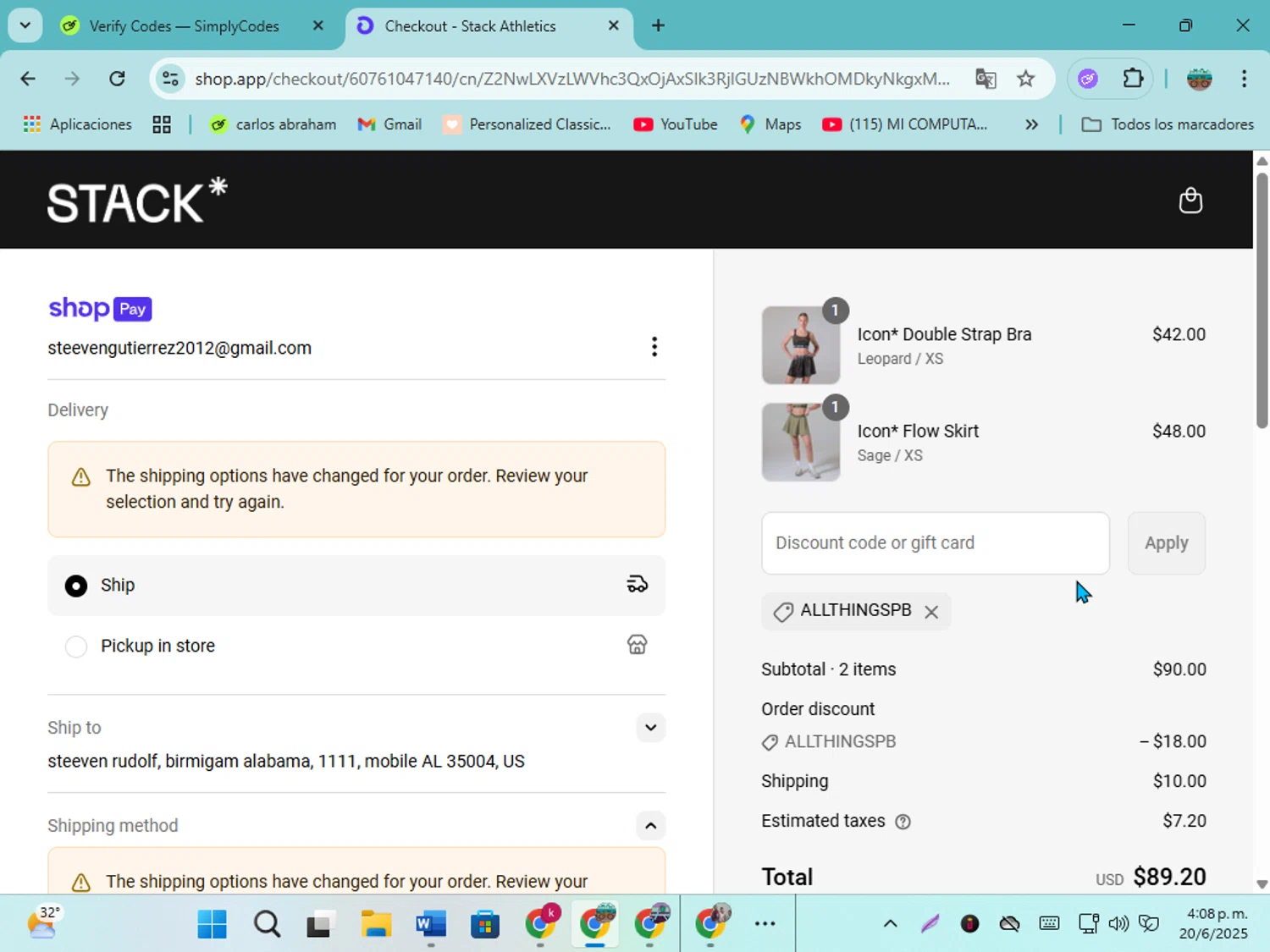 Stack Athletics promo code screenshot showing code allthingspb applied at Stack Athletics checkout page. Uploaded by SimplyCodes community member karolg on Jun 20, 2025