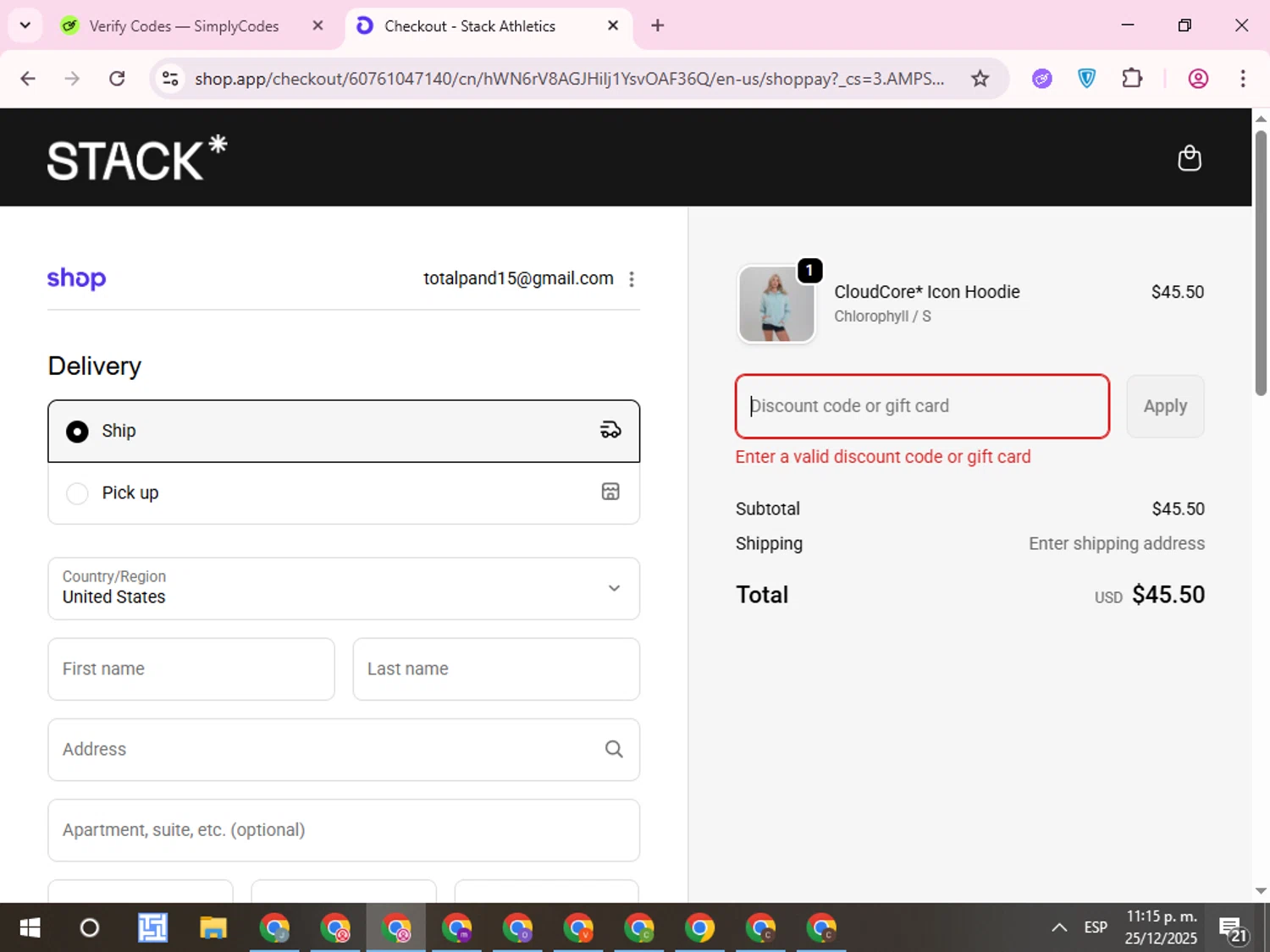 Stack Athletics promo code screenshot showing code TRAVIS applied at Stack Athletics checkout page. Uploaded by SimplyCodes community member QuestCurator1644 on Dec 26, 2025