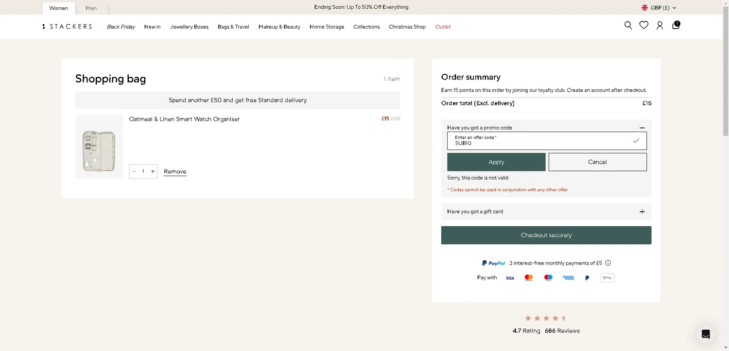 Stackers UK discount code screenshot showing code SUB10 applied at Stackers UK checkout page. Uploaded by SimplyCodes community member DerekRoberson on Nov 29, 2025