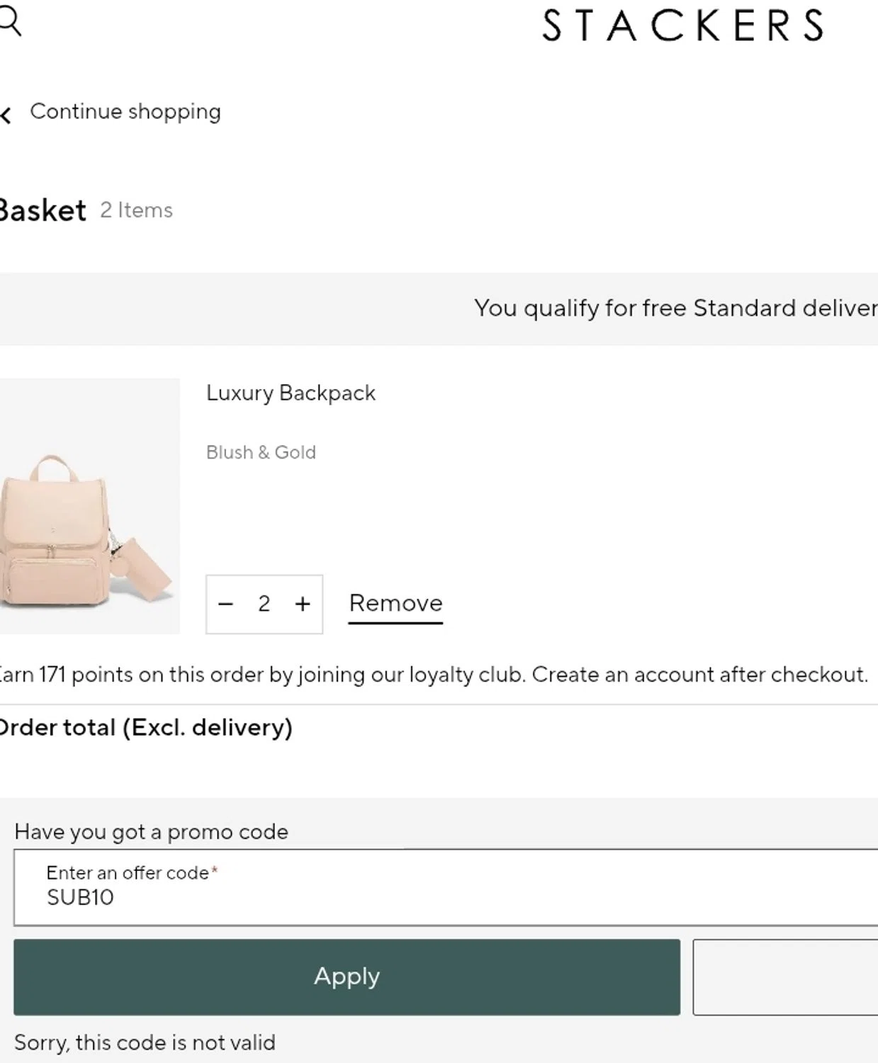 Stackers UK discount code screenshot showing code SUB10 applied at Stackers UK checkout page. Uploaded by SimplyCodes community member ValiantCurator3344 on Jan 13, 2026