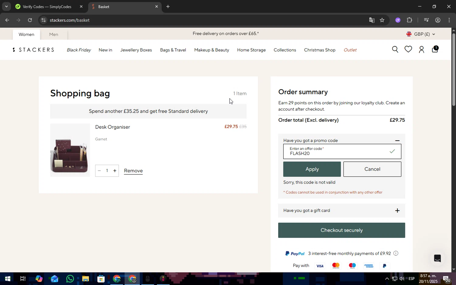 Stackers UK discount code screenshot showing code FLASH20 applied at Stackers UK checkout page. Uploaded by SimplyCodes community member Freeman on Nov 20, 2025