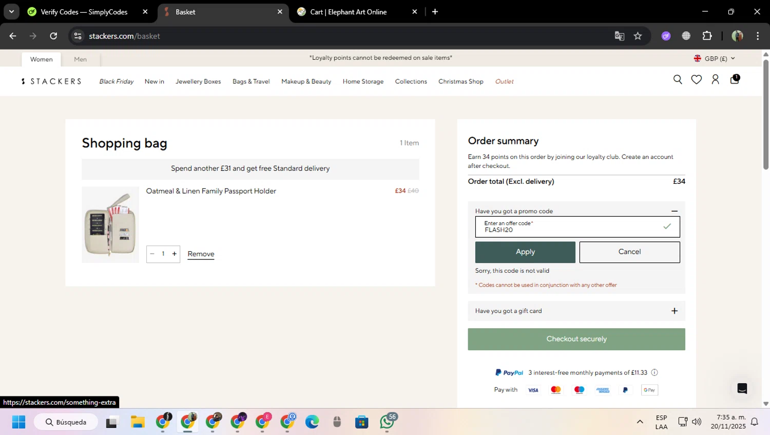 Stackers UK discount code screenshot showing code FLASH20 applied at Stackers UK checkout page. Uploaded by SimplyCodes community member MoneySentinel7597 on Nov 20, 2025