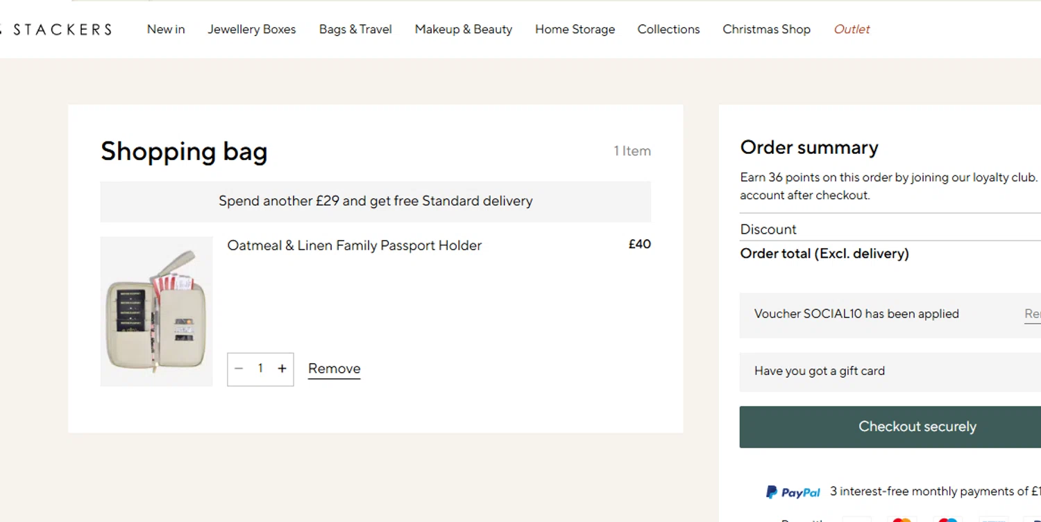 Stackers UK discount code screenshot showing code SOCIAL10 applied at Stackers UK checkout page. Uploaded by SimplyCodes community member Quemiras on Dec 4, 2025