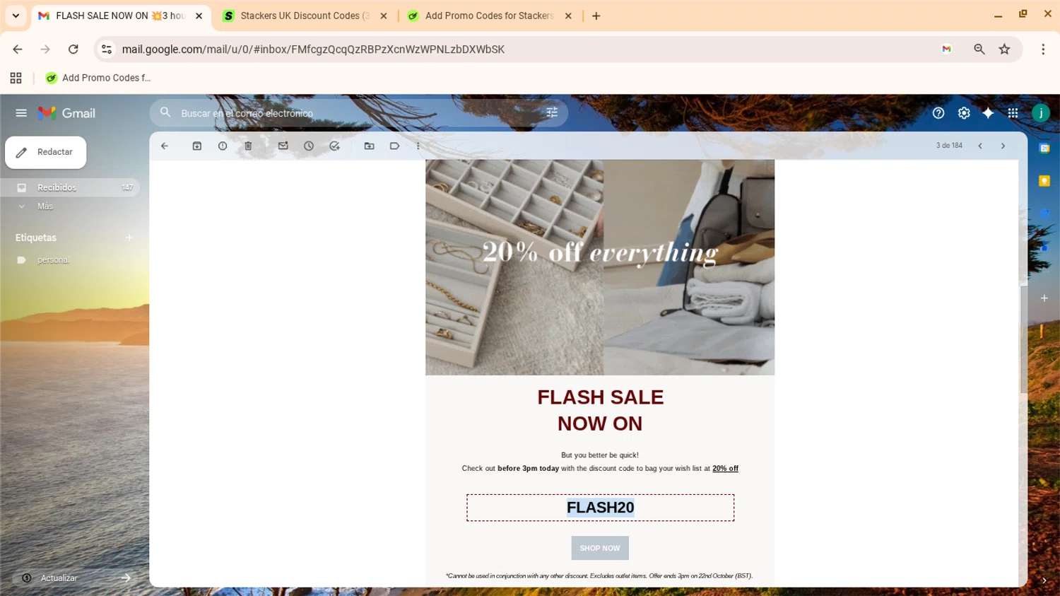 Stackers UK discount code screenshot showing code FLASH20 applied at Stackers UK checkout page. Uploaded by SimplyCodes community member yennifergonzalez on Oct 22, 2025