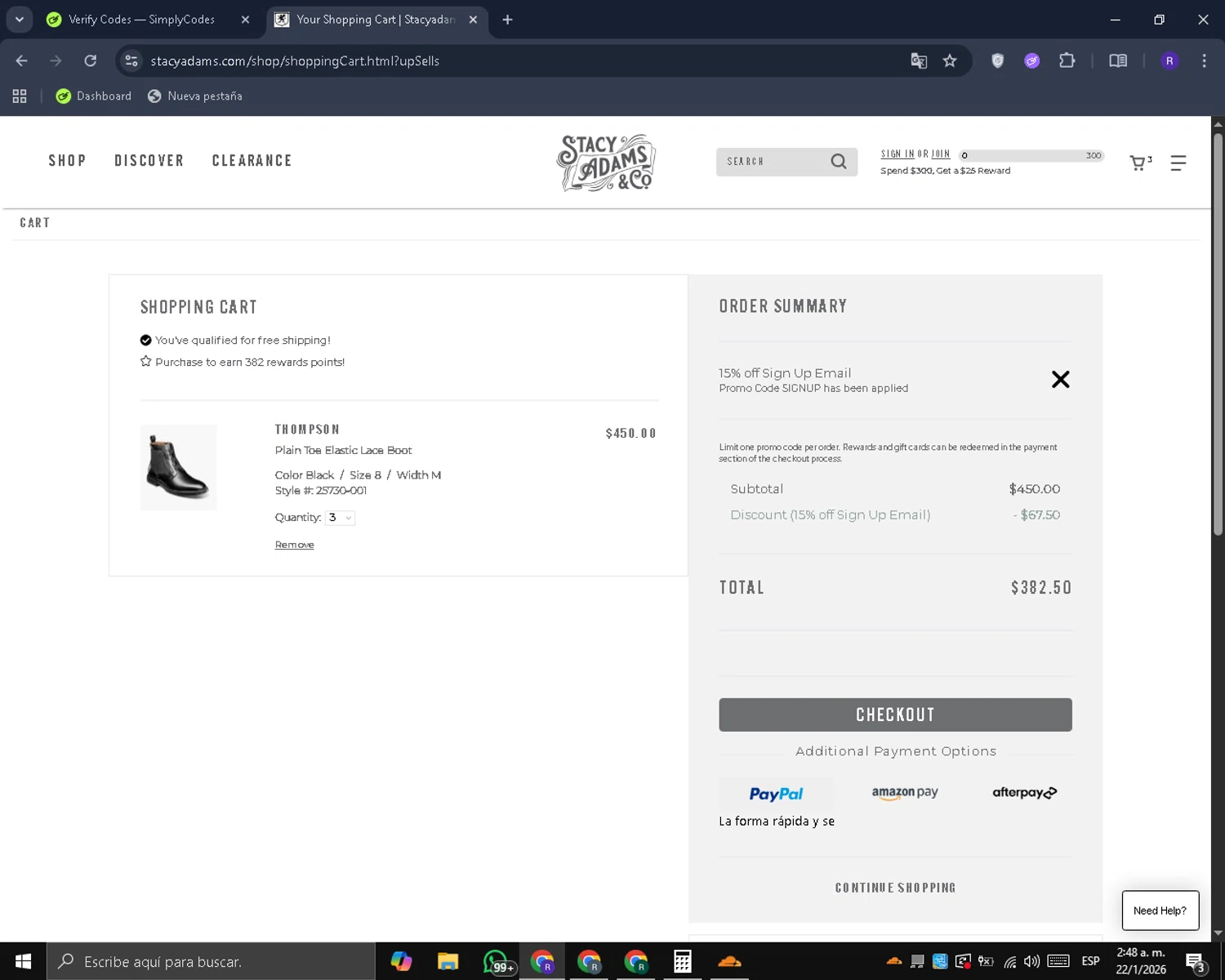 Stacy Adams checkout page showing Stacy Adams promo code box | Screenshot taken by SimplyCodes community member on Jan 22, 2026