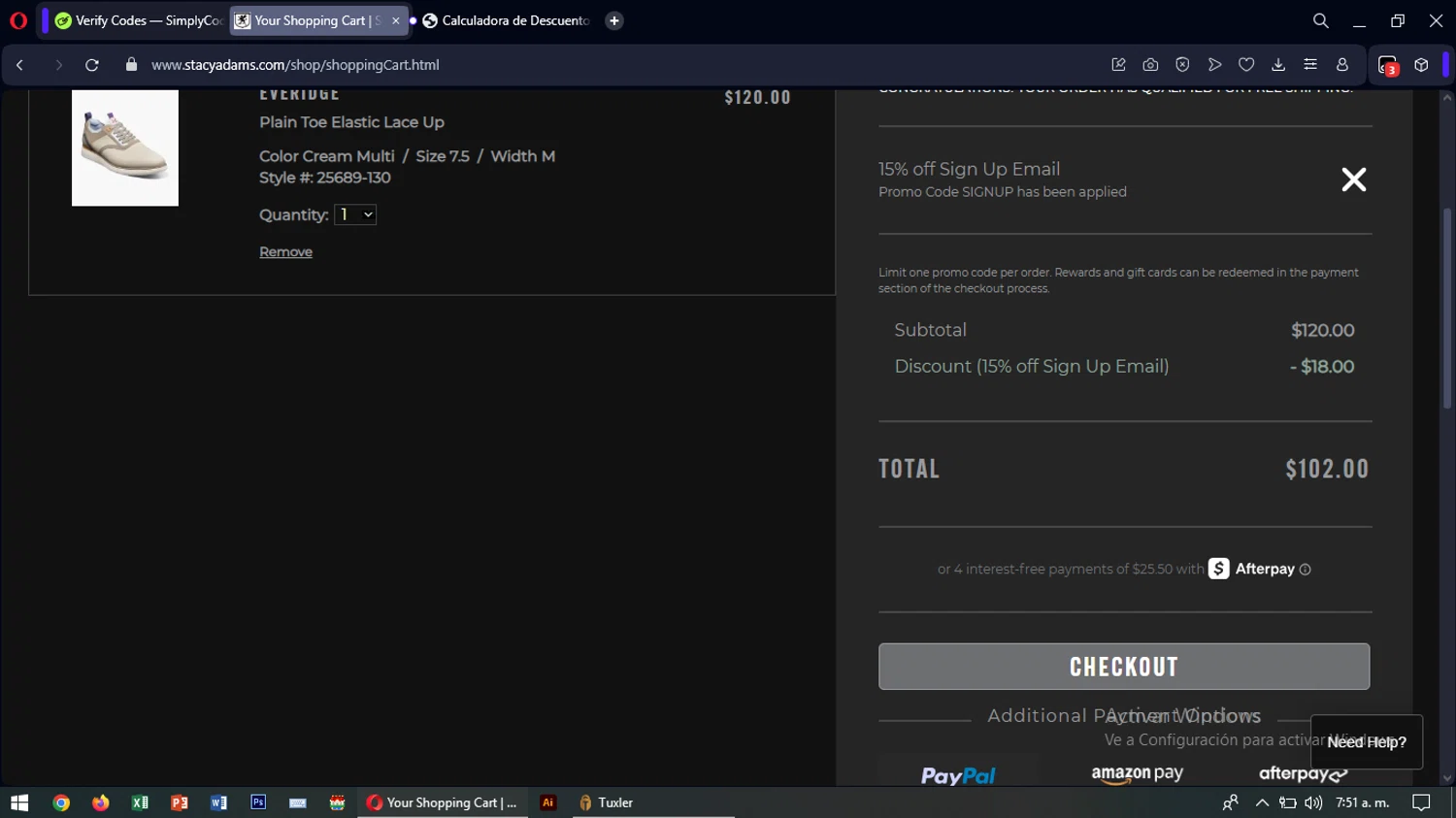 Stacy Adams promo code screenshot showing code signup applied at Stacy Adams checkout page. Uploaded by SimplyCodes community member SavingsTiger3479 on Apr 26, 2025