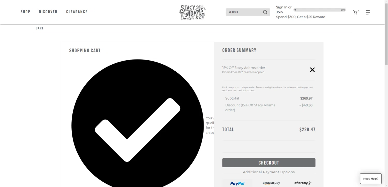 Stacy Adams checkout page showing Stacy Adams promo code box | Screenshot taken by SimplyCodes community member on Jan 23, 2026