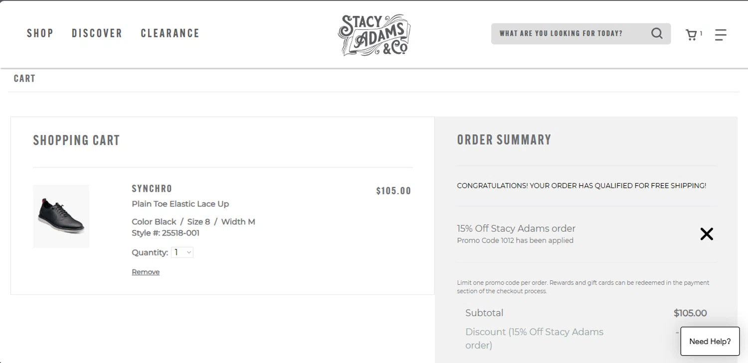 Stacy Adams promo code screenshot showing code 1012 applied at Stacy Adams checkout page. Uploaded by SimplyCodes community member jupitera on Jun 2, 2025