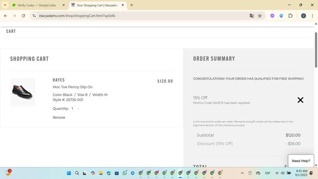 Stacy Adams checkout page showing Stacy Adams promo code box | Screenshot taken by SimplyCodes community member on Sep 1, 2025