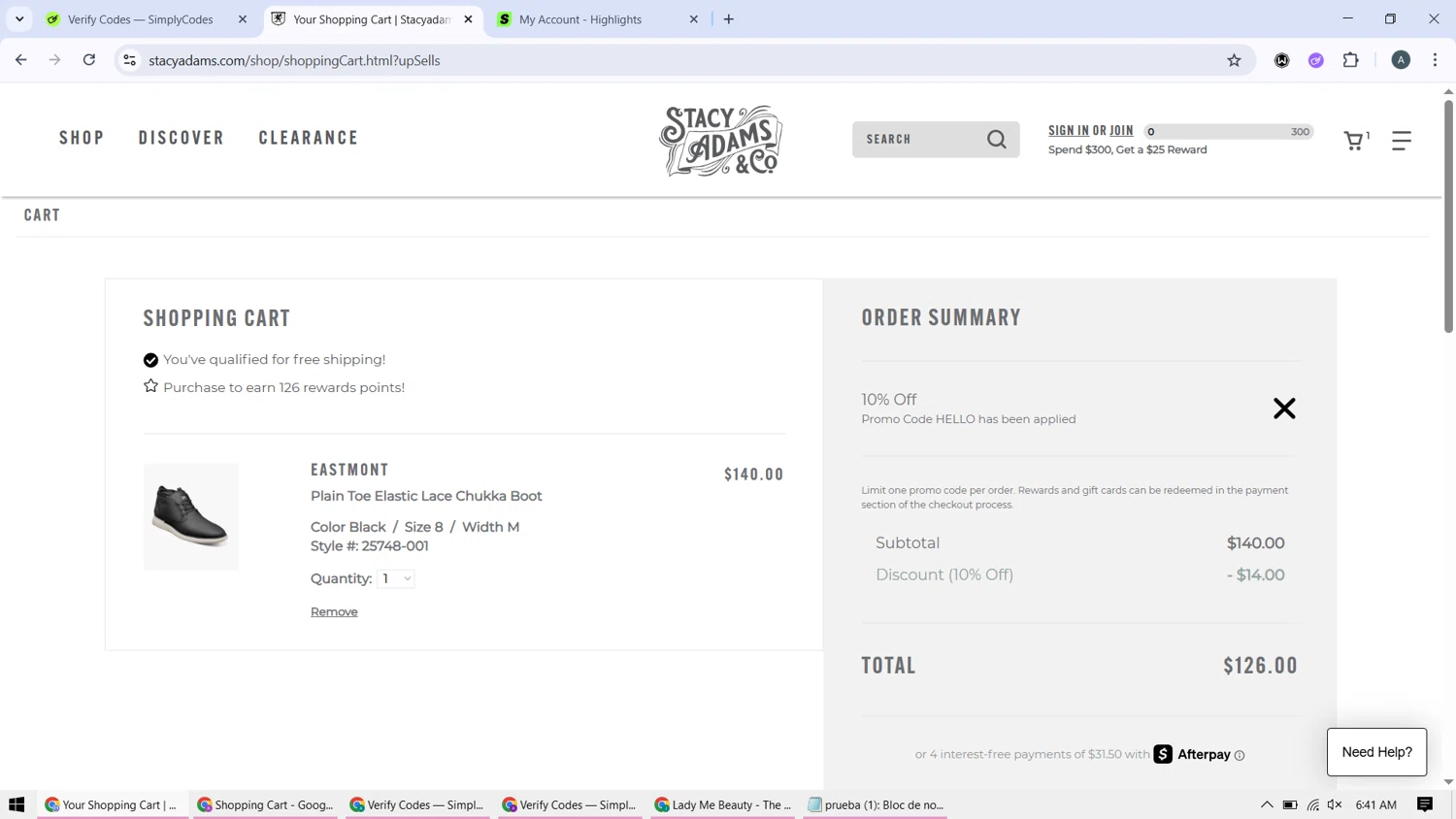 Stacy Adams checkout page showing Stacy Adams promo code box | Screenshot taken by SimplyCodes community member on Dec 13, 2025