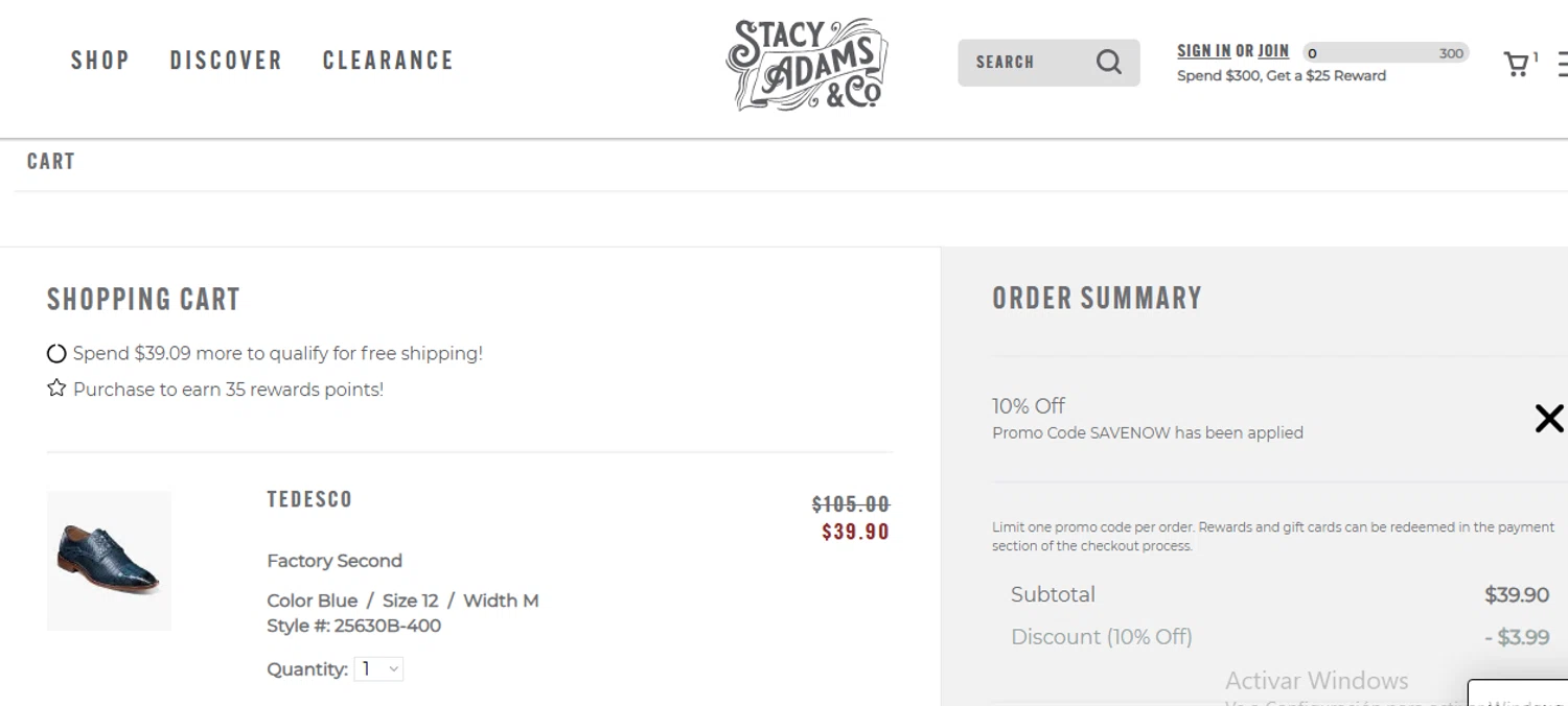 Stacy Adams checkout page showing Stacy Adams promo code box | Screenshot taken by SimplyCodes community member on Dec 28, 2025