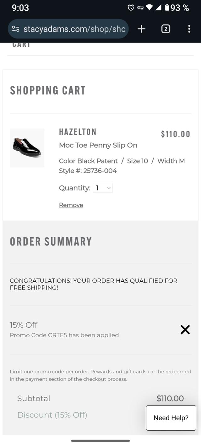 Stacy Adams checkout page showing Stacy Adams promo code box | Screenshot taken by SimplyCodes community member on Sep 3, 2025