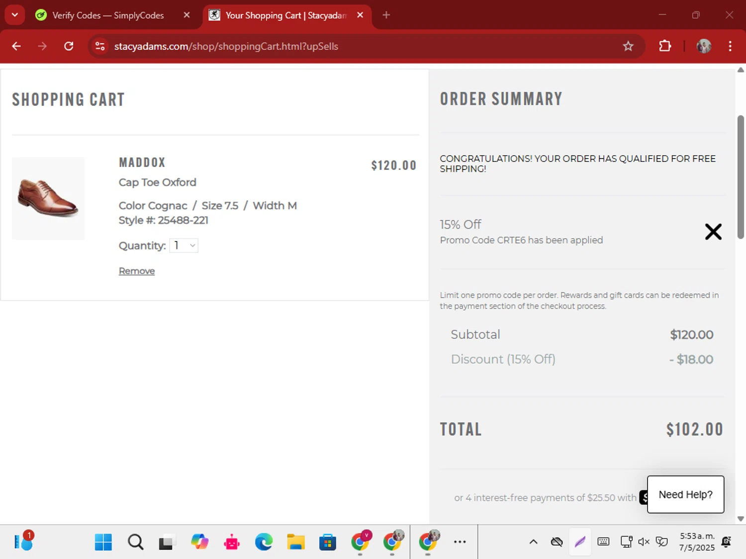 Stacy Adams promo code screenshot showing code CRTE6 applied at Stacy Adams checkout page. Uploaded by SimplyCodes community member ShrewdSeeker5445 on May 7, 2025