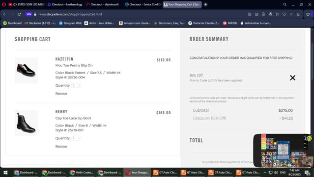 Stacy Adams checkout page showing Stacy Adams promo code box | Screenshot taken by SimplyCodes community member on Sep 23, 2025