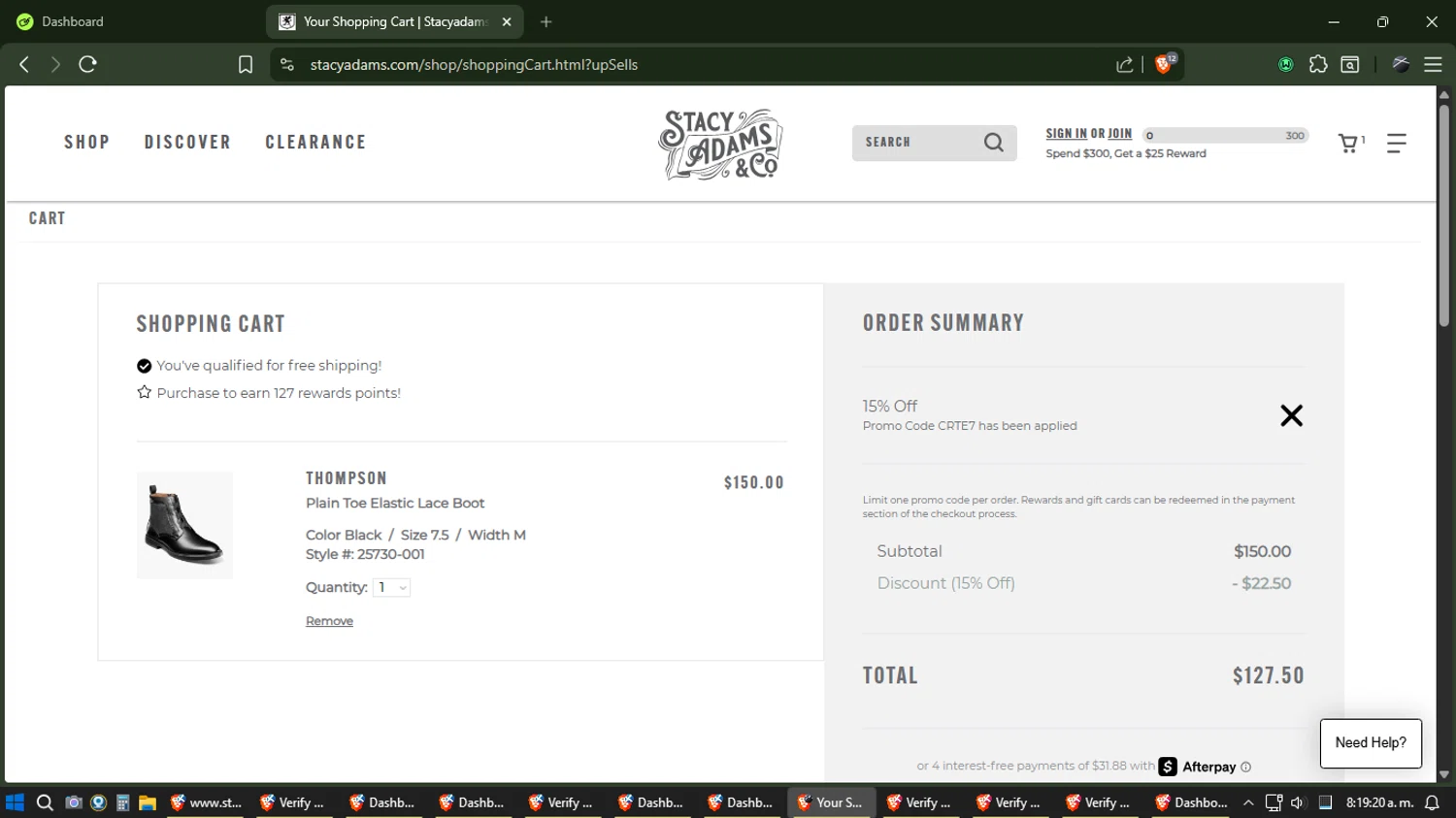 Stacy Adams checkout page showing Stacy Adams promo code box | Screenshot taken by SimplyCodes community member on Jan 6, 2026