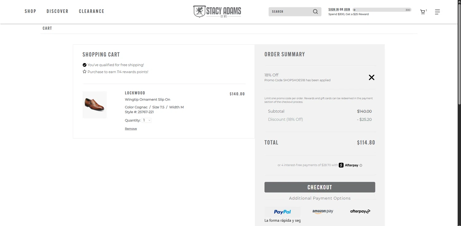 Stacy Adams promo code screenshot showing code SHOPSHOES18 applied at Stacy Adams checkout page. Uploaded by SimplyCodes community member FortunateSeeker4672 on Feb 3, 2026