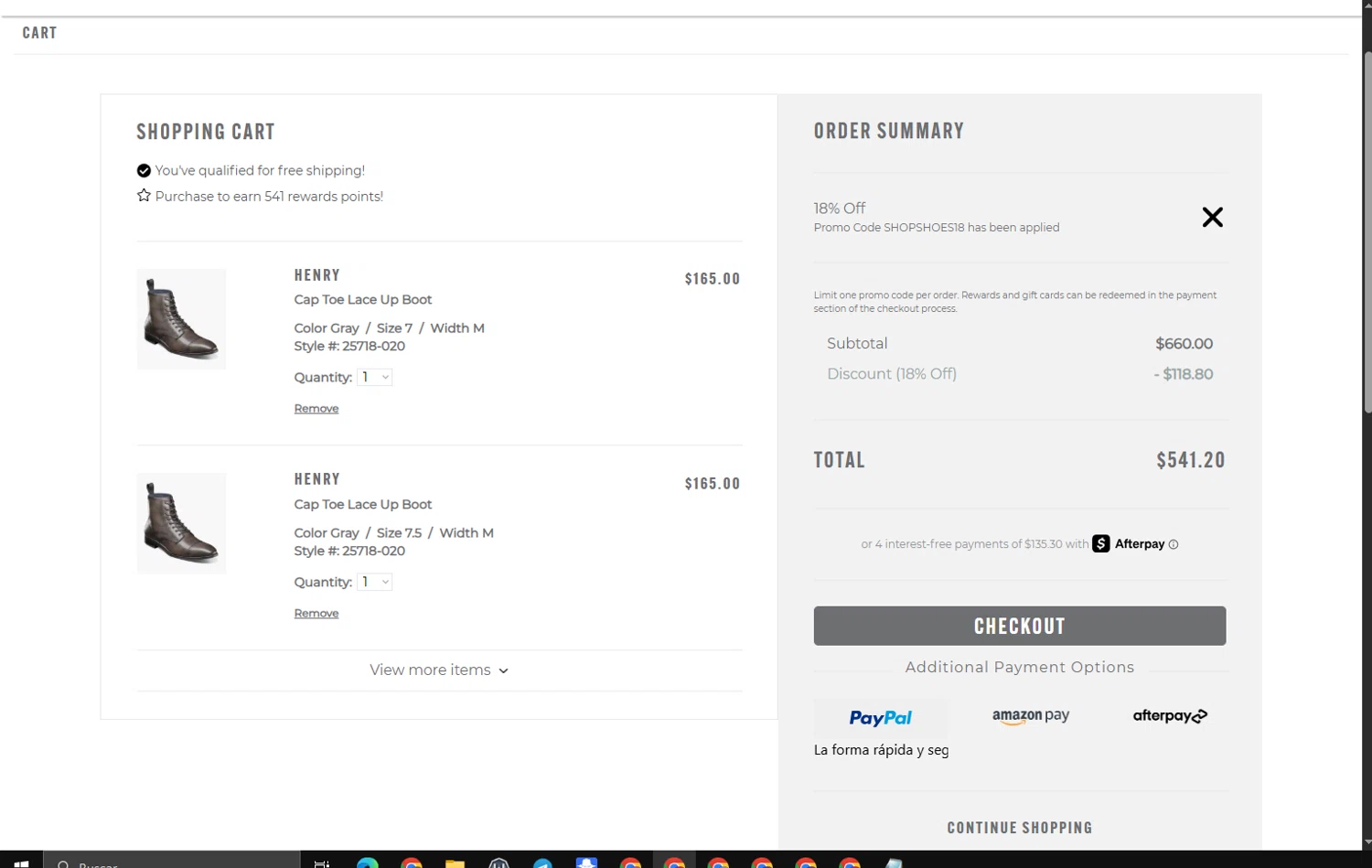Stacy Adams promo code screenshot showing code SHOPSHOES18 applied at Stacy Adams checkout page. Uploaded by SimplyCodes community member RewardWarden8289 on Nov 17, 2025