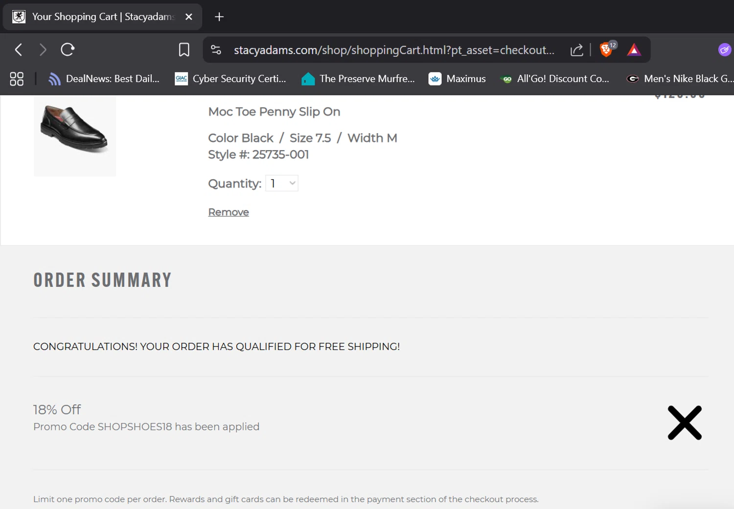 Stacy Adams promo code screenshot showing code SHOPSHOES18 applied at Stacy Adams checkout page. Uploaded by SimplyCodes community member DORIANGEL on Aug 27, 2025
