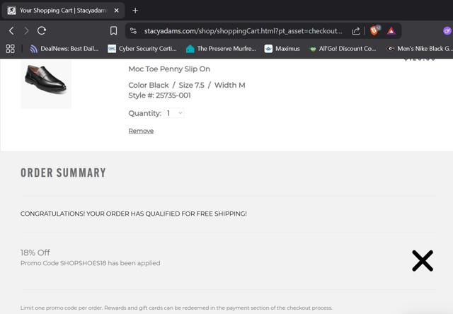 Stacy Adams checkout page showing Stacy Adams promo code box | Screenshot taken by SimplyCodes community member on Aug 27, 2025