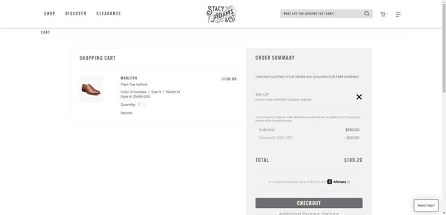 Stacy Adams checkout page showing Stacy Adams promo code box | Screenshot taken by SimplyCodes community member on Sep 24, 2025