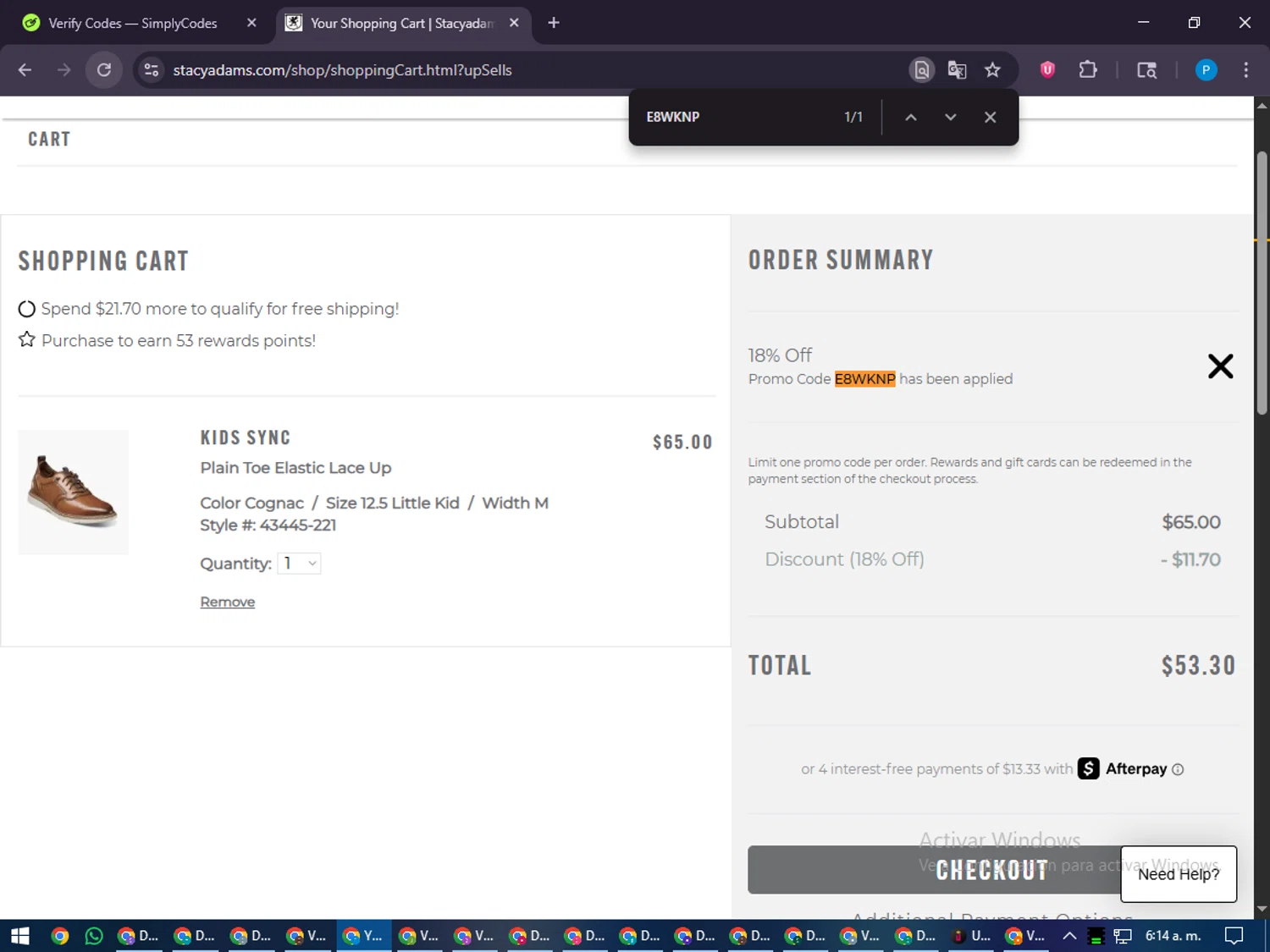 Stacy Adams checkout page showing Stacy Adams promo code box | Screenshot taken by SimplyCodes community member on Dec 17, 2025