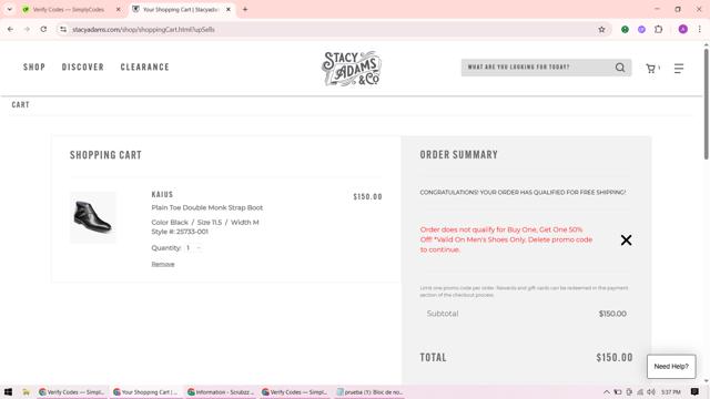 Stacy Adams checkout page showing Stacy Adams promo code box | Screenshot taken by SimplyCodes community member on Oct 4, 2025