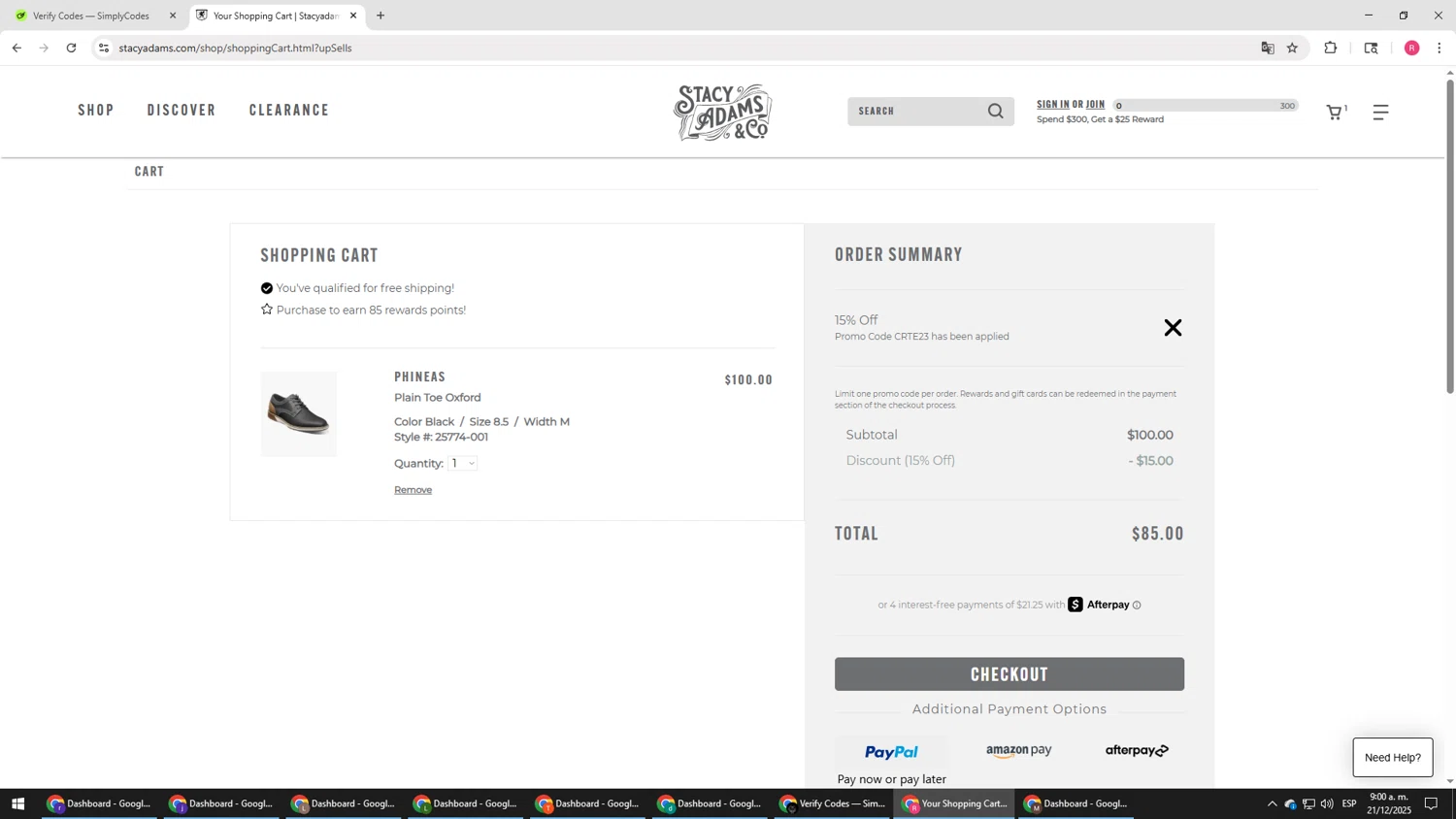 Stacy Adams promo code screenshot showing code CRTE23 applied at Stacy Adams checkout page. Uploaded by SimplyCodes community member TTTT55 on Dec 21, 2025
