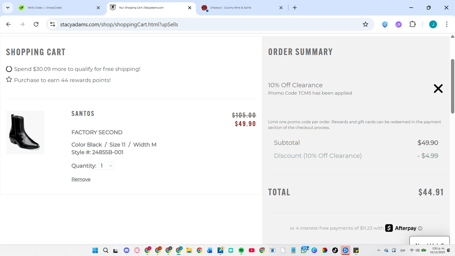 Stacy Adams checkout page showing Stacy Adams promo code box | Screenshot taken by SimplyCodes community member on Dec 22, 2025
