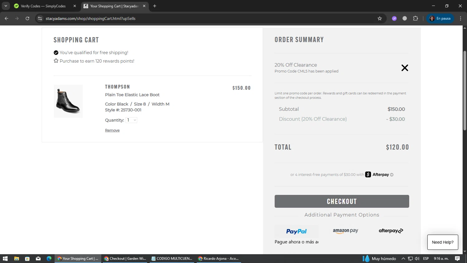 Stacy Adams checkout page showing Stacy Adams promo code box | Screenshot taken by SimplyCodes community member on Jan 6, 2026