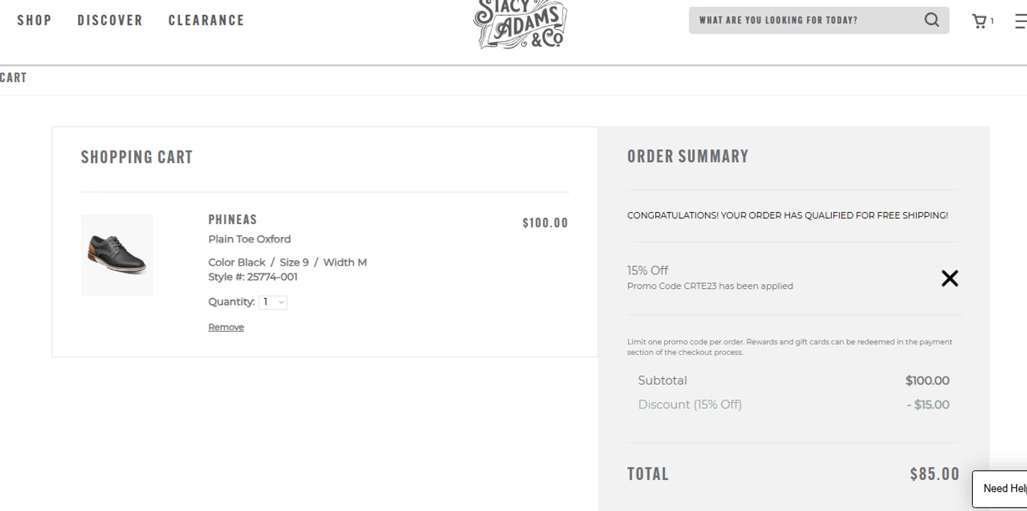 Stacy Adams promo code screenshot showing code CRTE23 applied at Stacy Adams checkout page. Uploaded by SimplyCodes community member THEPOWER on Aug 13, 2025