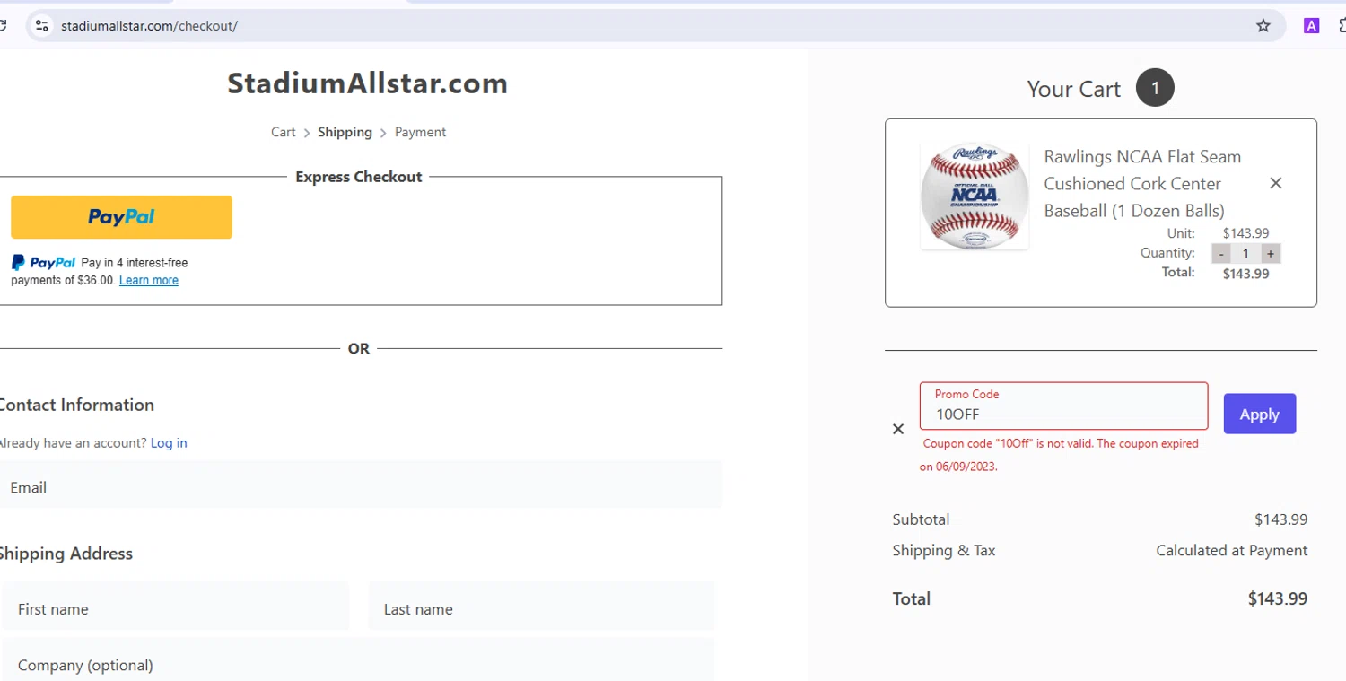 StadiumAllstar.com coupon code screenshot showing code 10OFF applied at StadiumAllstar.com checkout page. Uploaded by SimplyCodes community member PromoHawk3429 on Jan 26, 2025