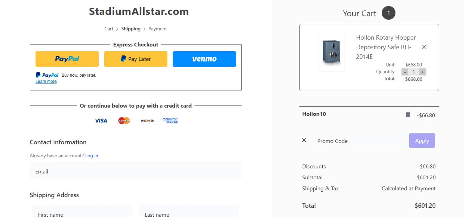 StadiumAllstar.com coupon code screenshot showing code Hollon10 applied at StadiumAllstar.com checkout page. Uploaded by SimplyCodes community member MagnificentCurator5441 on Nov 21, 2025