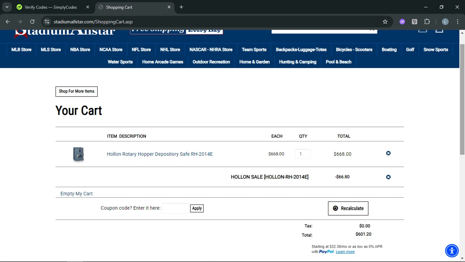 StadiumAllstar.com coupon code screenshot showing code Hollon10 applied at StadiumAllstar.com checkout page. Uploaded by SimplyCodes community member RoyalOwl5790 on Dec 28, 2025