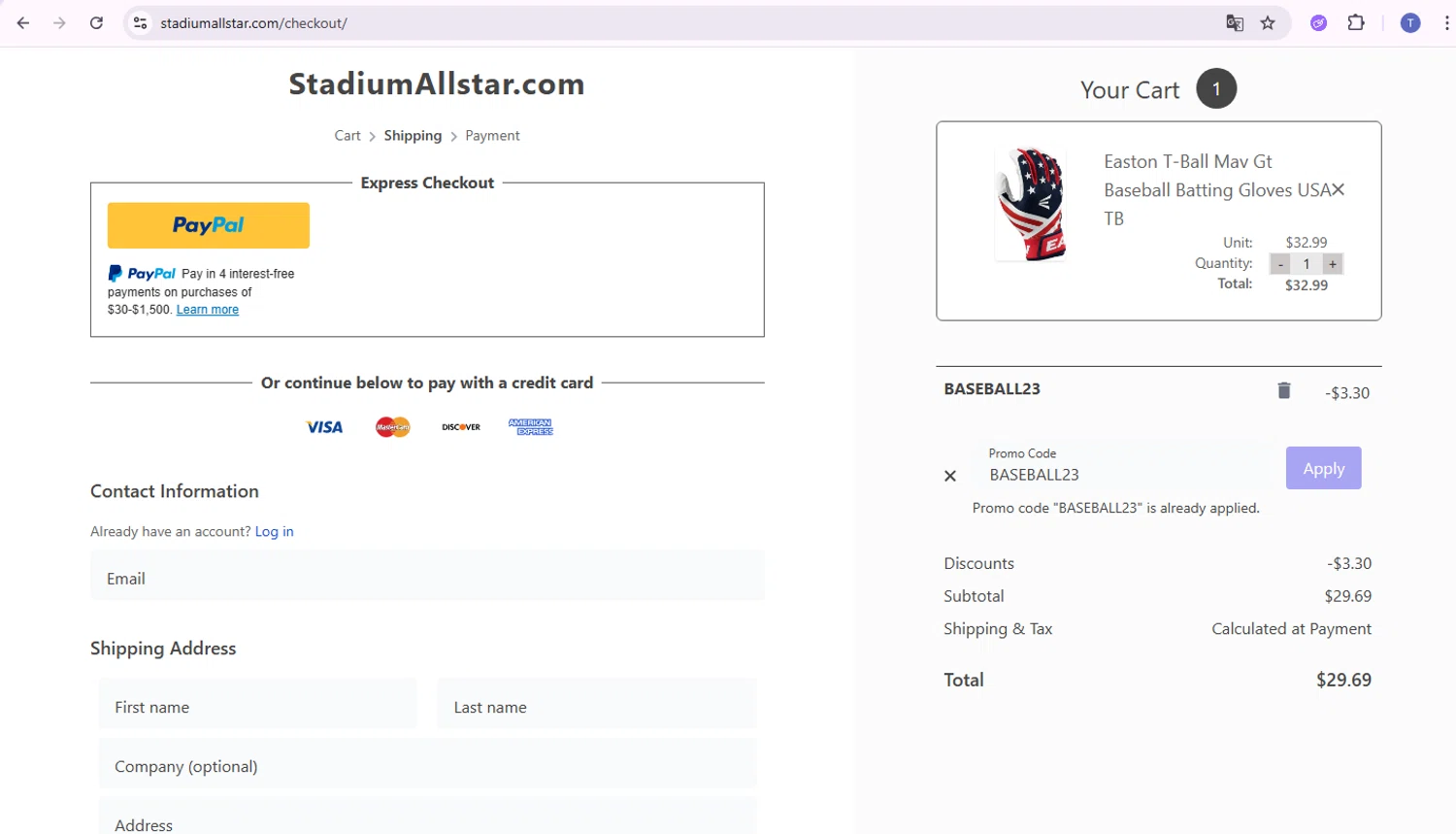 StadiumAllstar.com coupon code screenshot showing code BASEBALL23 applied at StadiumAllstar.com checkout page. Uploaded by SimplyCodes community member TRIBUENO on Dec 6, 2025