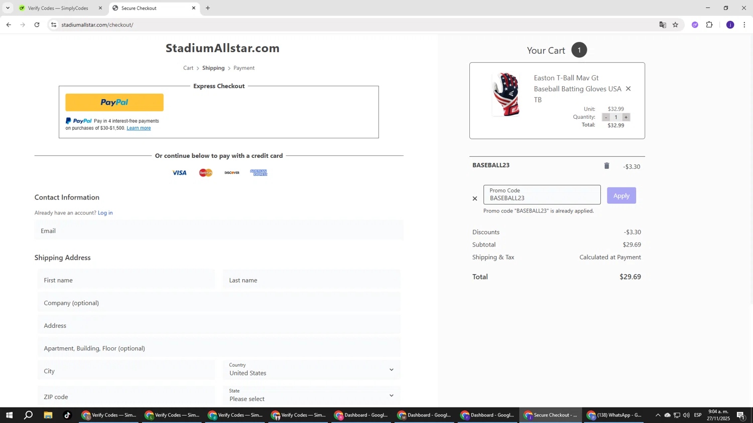 StadiumAllstar.com coupon code screenshot showing code BASEBALL23 applied at StadiumAllstar.com checkout page. Uploaded by SimplyCodes community member simplycodesssss on Nov 27, 2025
