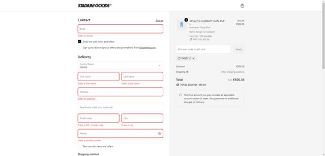 Stadium Goods checkout page showing Stadium Goods promo code box | Screenshot taken by SimplyCodes community member on Sep 26, 2025