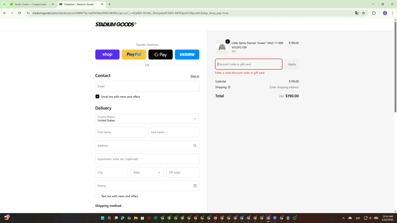 Stadium Goods promo code screenshot showing code SP5DER applied at Stadium Goods checkout page. Uploaded by SimplyCodes community member CouponBoss4754 on Jan 10, 2026