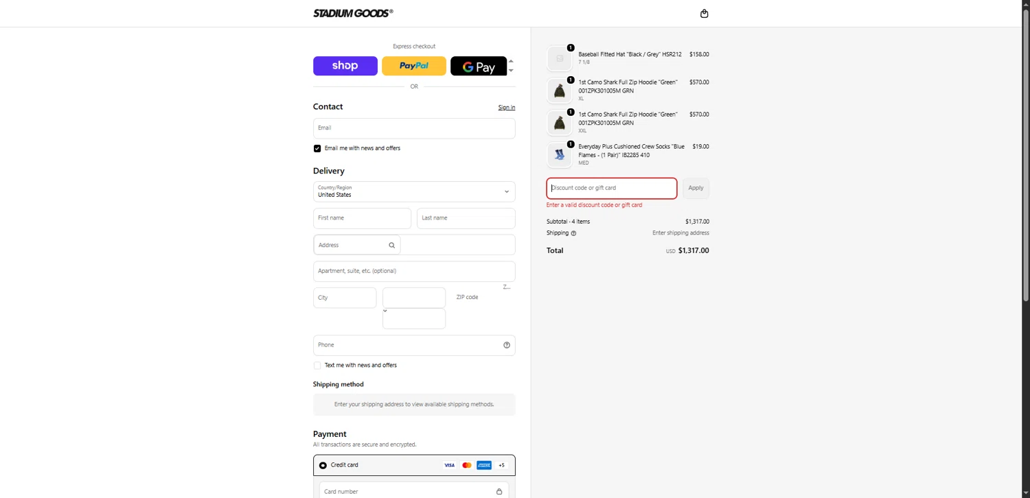 Stadium Goods promo code screenshot showing code SP5DER applied at Stadium Goods checkout page. Uploaded by SimplyCodes community member MagnificentEagle1411 on Feb 23, 2026