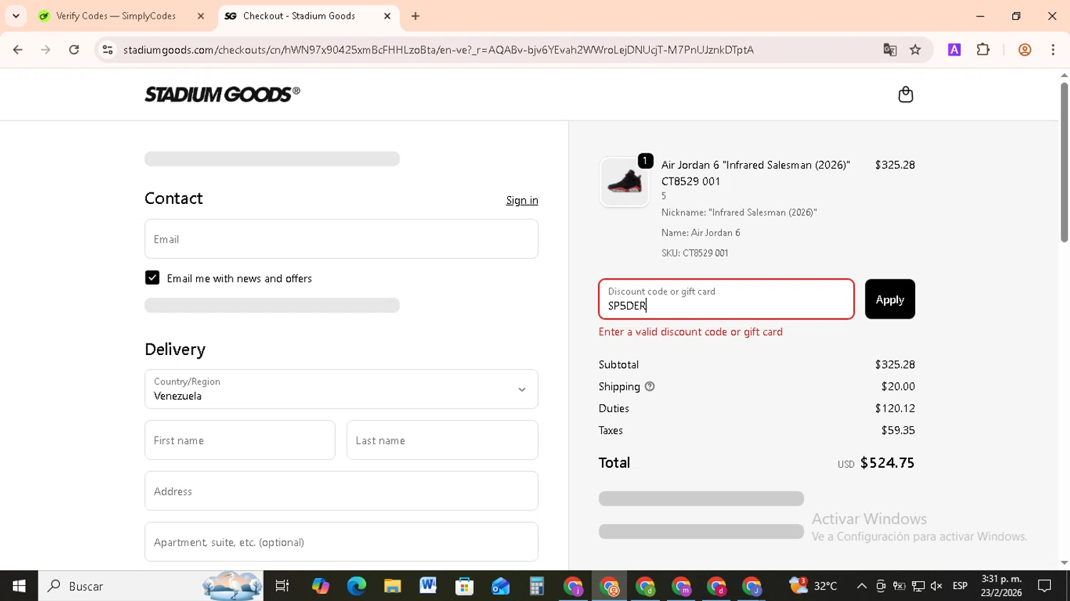 Stadium Goods promo code screenshot showing code SP5DER applied at Stadium Goods checkout page. Uploaded by SimplyCodes community member RebateCollector5909 on Feb 23, 2026
