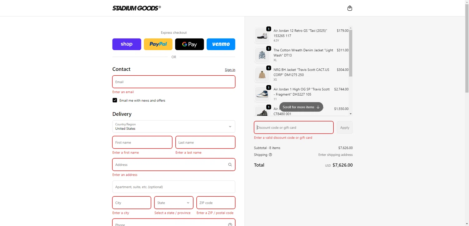 Stadium Goods promo code screenshot showing code SP5DER applied at Stadium Goods checkout page. Uploaded by SimplyCodes community member ScanRanger3503 on Dec 24, 2025