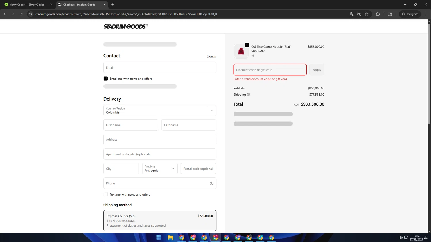 Stadium Goods promo code screenshot showing code SP5DER applied at Stadium Goods checkout page. Uploaded by SimplyCodes community member TOROREX250 on Dec 27, 2025