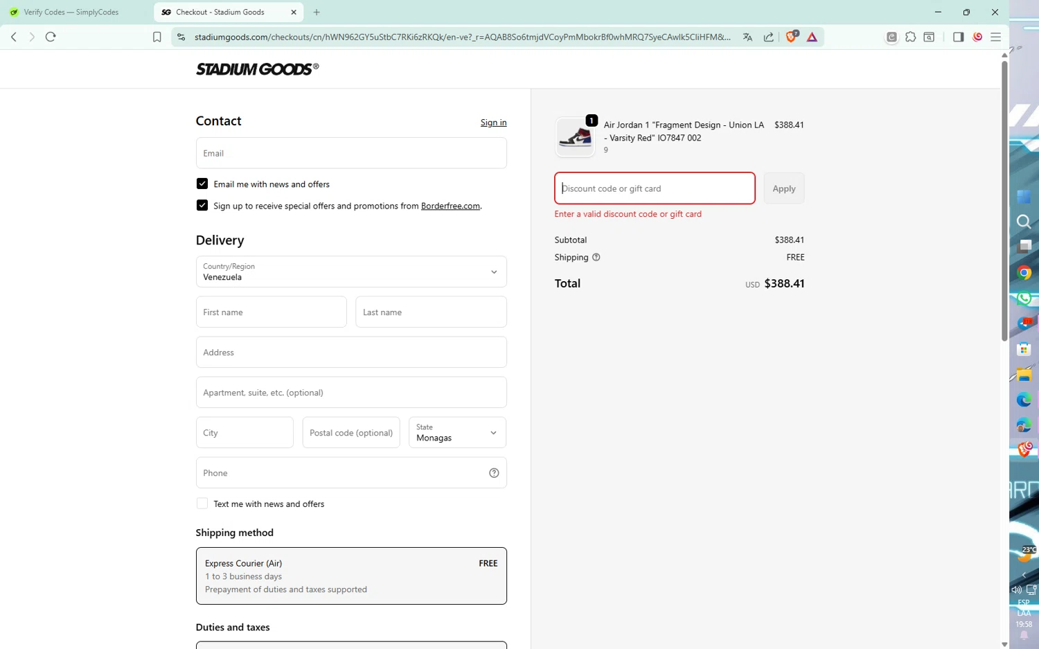 Stadium Goods promo code screenshot showing code SP5DER applied at Stadium Goods checkout page. Uploaded by SimplyCodes community member YaffMusic on Feb 22, 2026