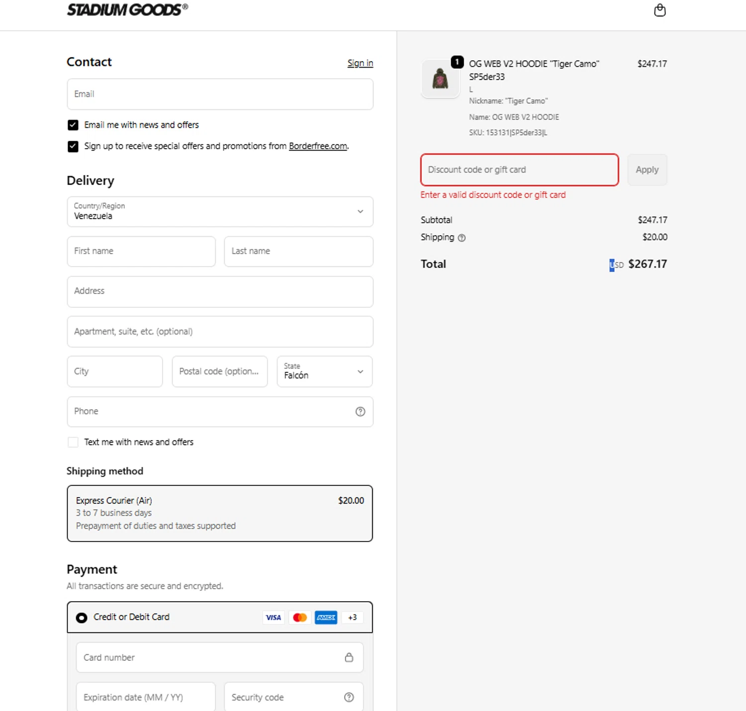 Stadium Goods promo code screenshot showing code SP5DER applied at Stadium Goods checkout page. Uploaded by SimplyCodes community member reggiesmith on Dec 24, 2025
