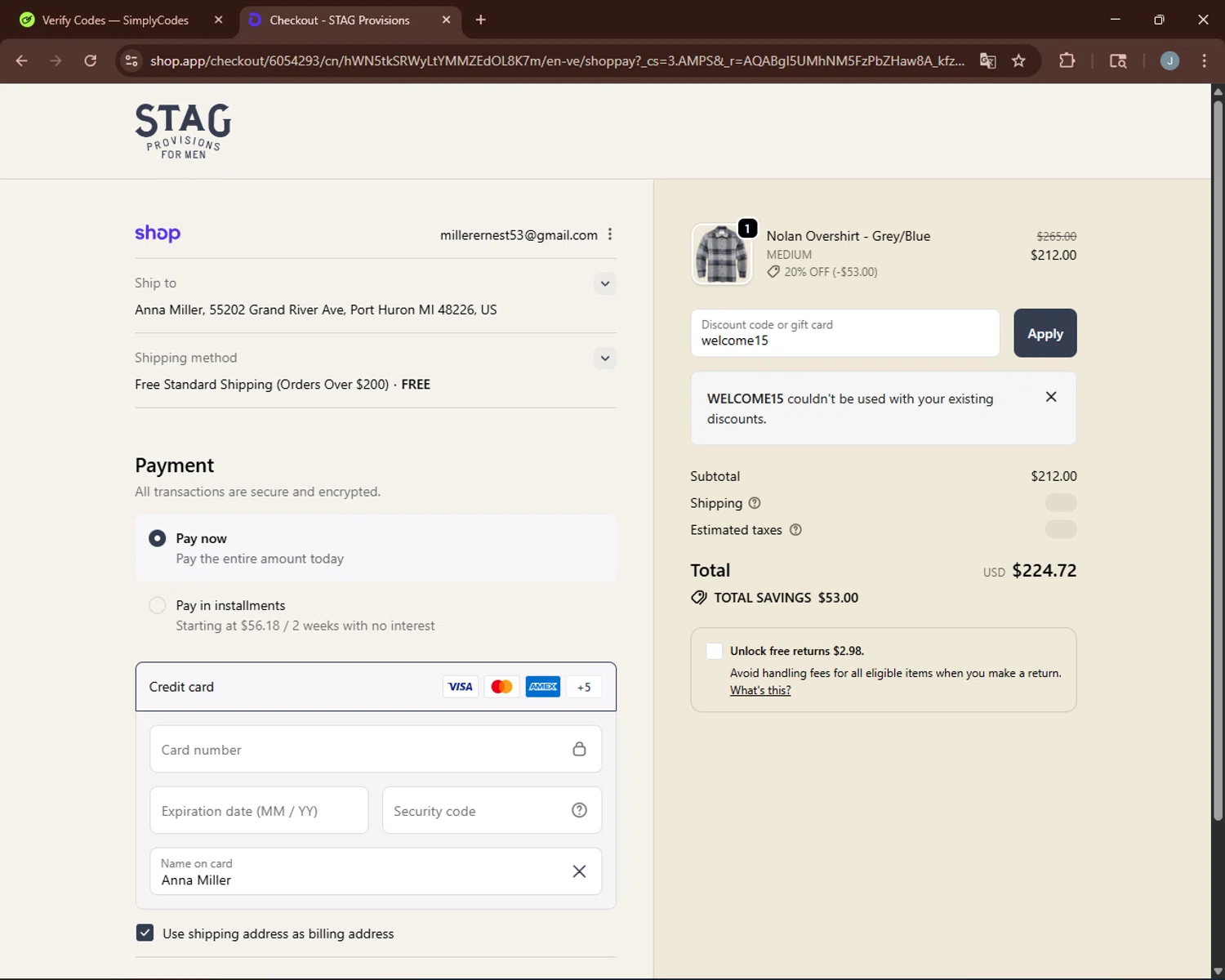 Stag promo code screenshot showing code welcome15 applied at Stag checkout page. Uploaded by SimplyCodes community member BonusGuardian249 on Nov 30, 2025