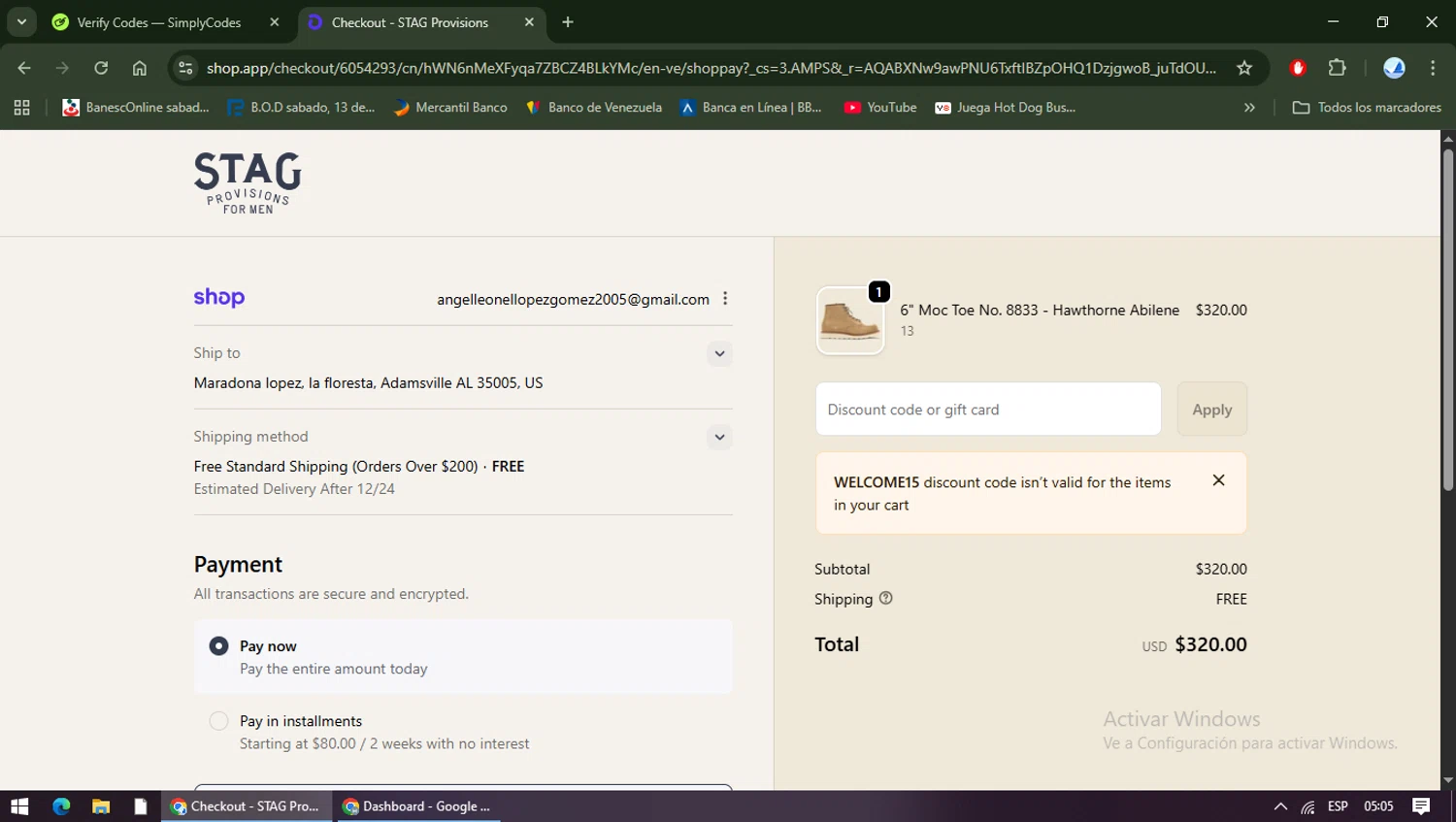 Stag promo code screenshot showing code welcome15 applied at Stag checkout page. Uploaded by SimplyCodes community member TreasureShopper9156 on Dec 24, 2025