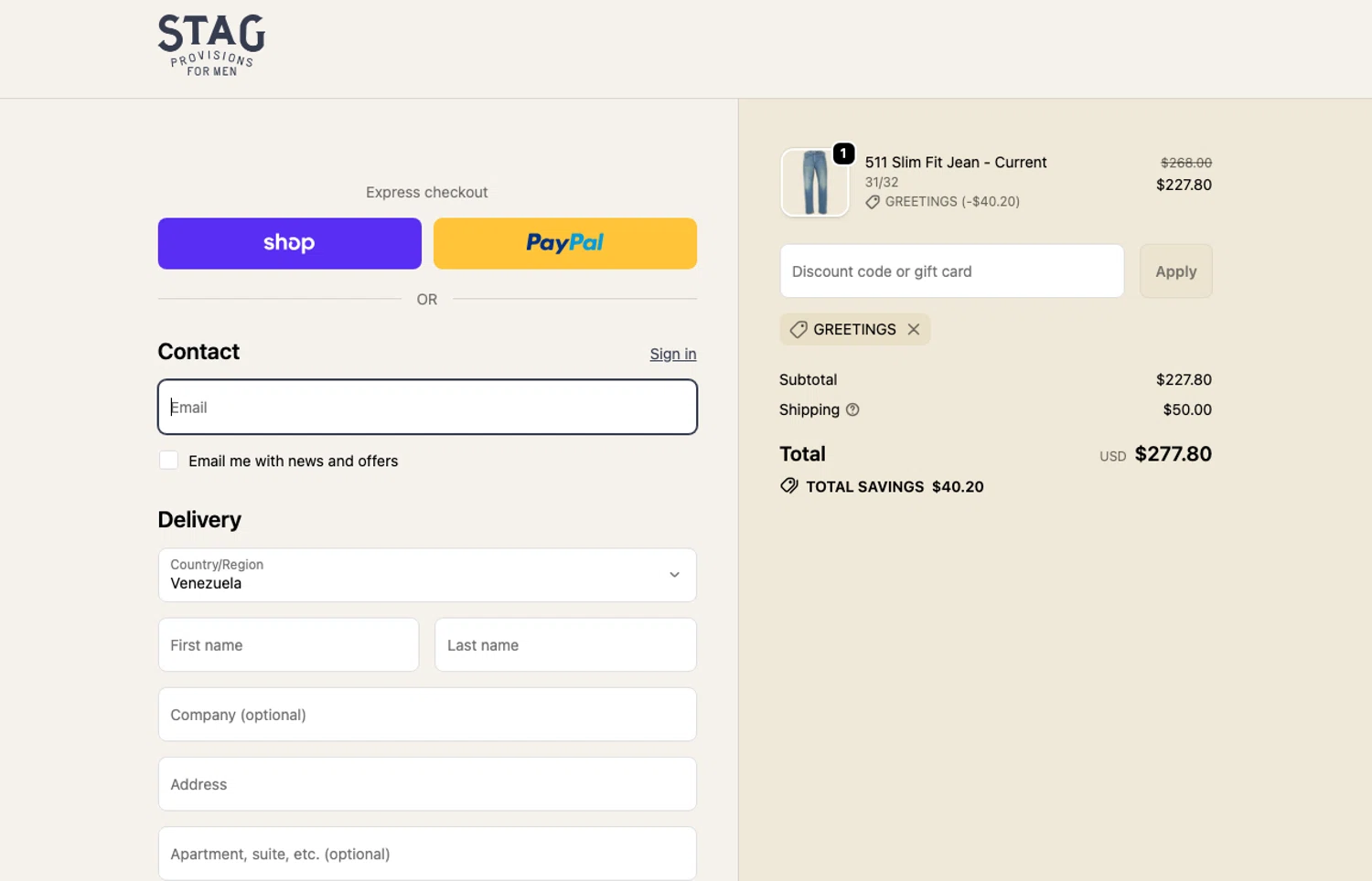 Stag promo code screenshot showing code GREETINGS applied at Stag checkout page. Uploaded by SimplyCodes community member ELOIN777 on Dec 28, 2025