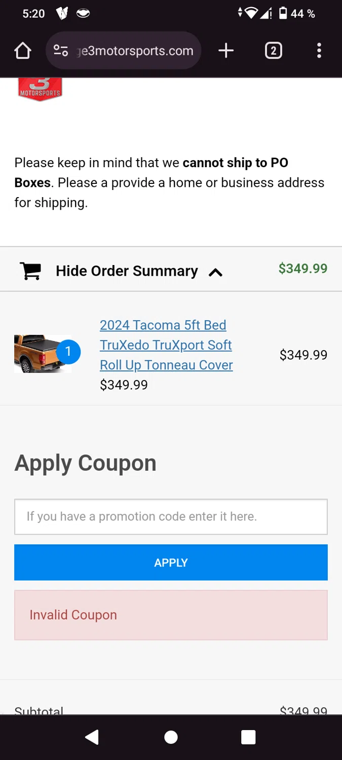 where to use Stage 3 Motorsports promo code box
