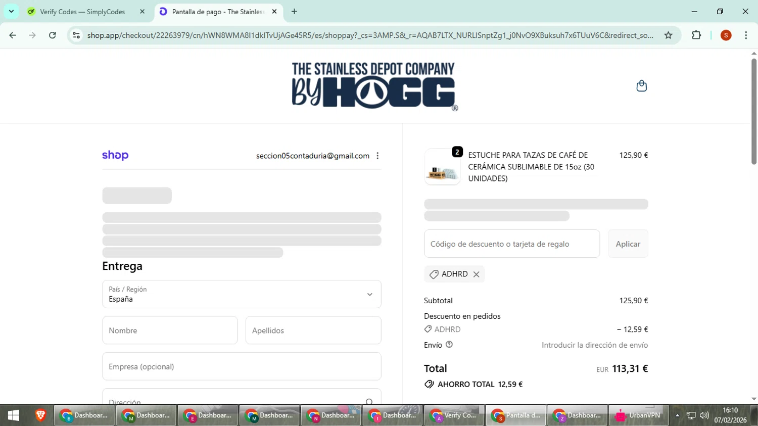 The Stainless Depot checkout page showing The Stainless Depot discount code box | Screenshot taken by SimplyCodes community member on Feb 7, 2026