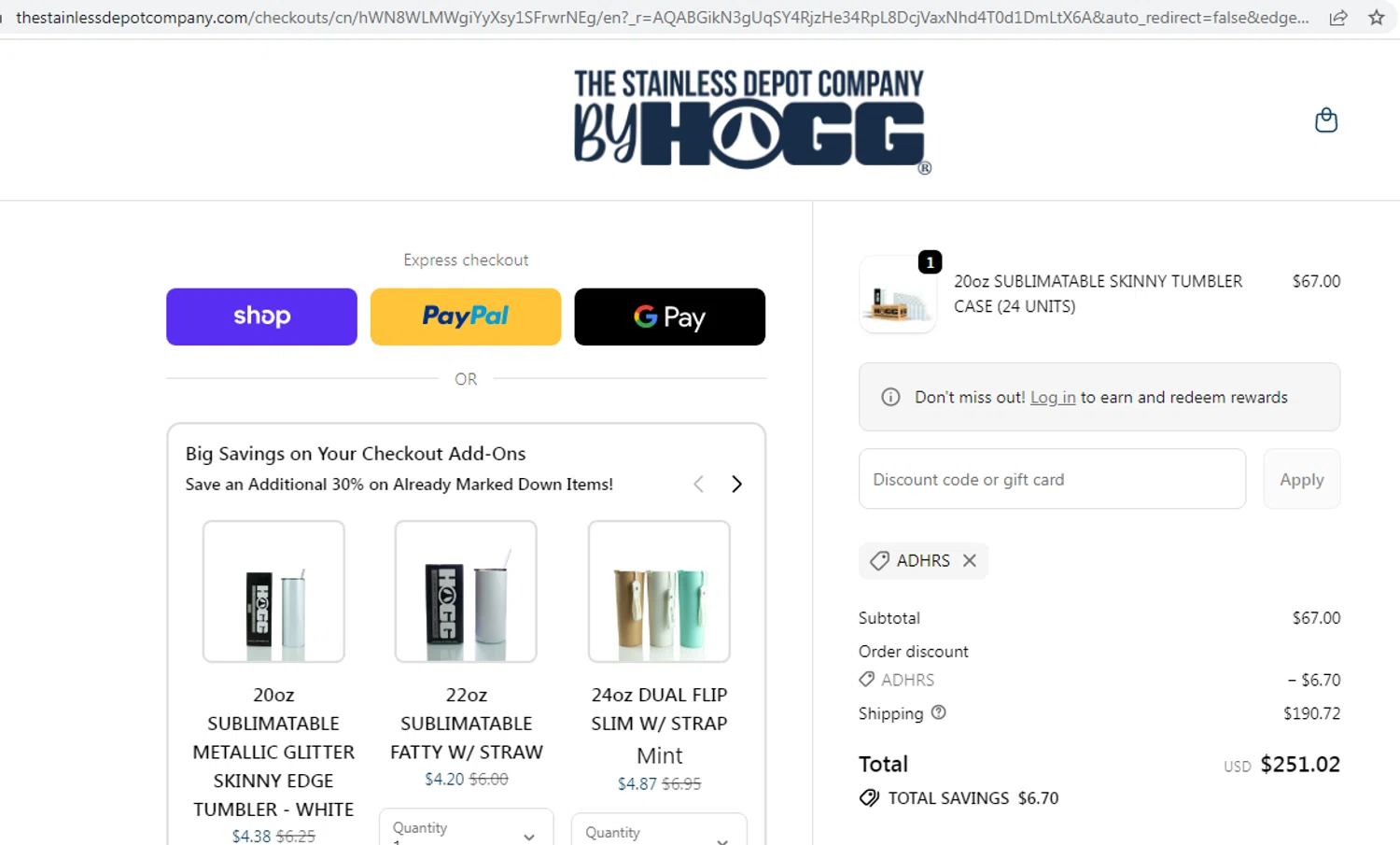 The Stainless Depot discount code screenshot showing code ADHRS applied at The Stainless Depot checkout page. Uploaded by SimplyCodes community member EMILIANOMASABE on Feb 7, 2026
