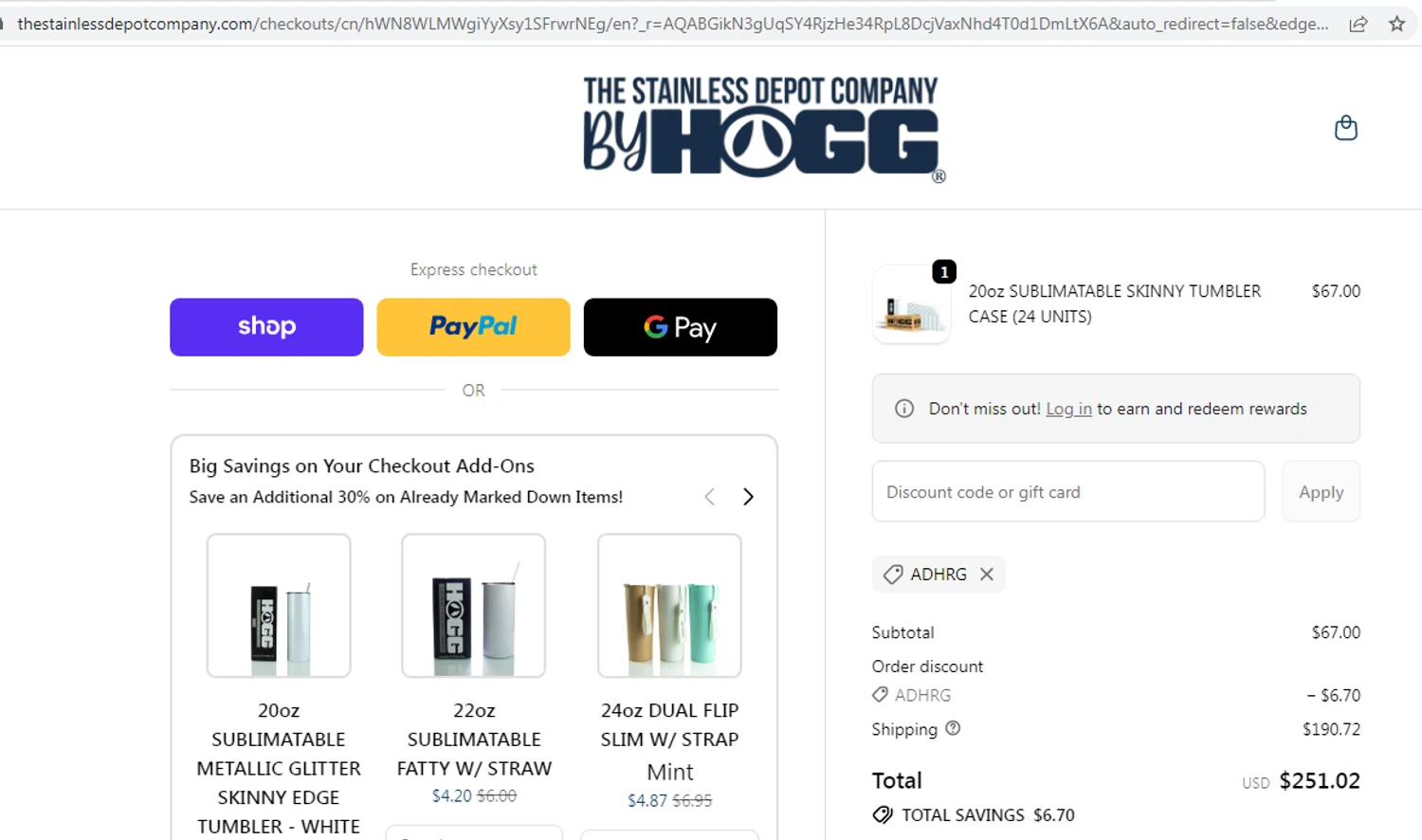 The Stainless Depot discount code screenshot showing code ADHRG applied at The Stainless Depot checkout page. Uploaded by SimplyCodes community member EMILIANOMASABE on Feb 7, 2026